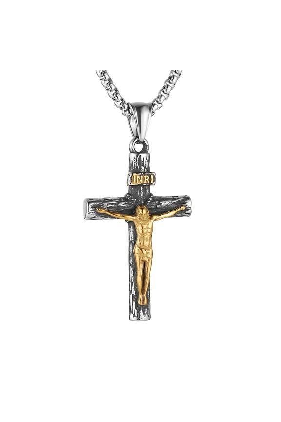Stainless Steel Jesus Crucifix Cross Necklace Religious INRI Cross Pendant for Men Women with 24" Chain Jewelry Gift (Silver Gold)
