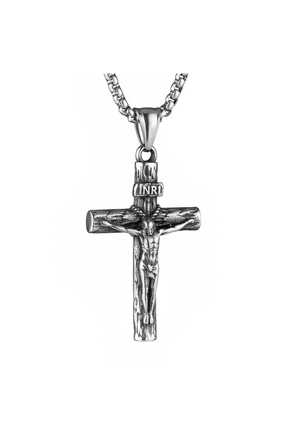 Stainless Steel Jesus Crucifix Cross Necklace Religious INRI Cross Pendant for Men Women with 24" Chain Jewelry Gift