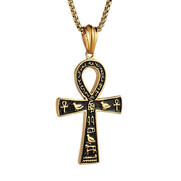 HZMAN Stainless Steel Large Ankh Cross Pendant Ancient Egyptian Hieroglyphic Symbol 22+2 Inch Chain（Gold-Big）