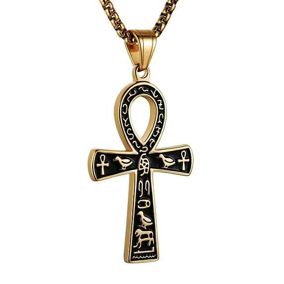 HZMAN Stainless Steel Large Ankh Cross Pendant Ancient Egyptian Hieroglyphic Symbol 22+2 Inch Chain (Gold-Small)