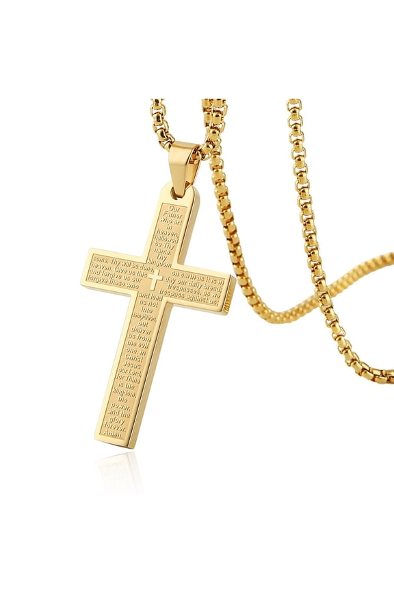 Stainless Steel Mens Womens Cross Necklace Lord's Prayer Pendant, 4 Colors Available (Gold)