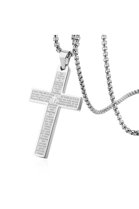 Stainless Steel Mens Womens Cross Necklace Lord's Prayer Pendant, 4 Colors Available (Silver)