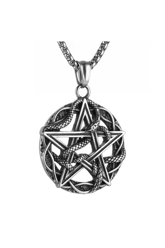 Stainless Steel Pentagram Necklace Snake Winding The Seal of Star Wiccan Punk Pendant for Men Women Jewelry Gift