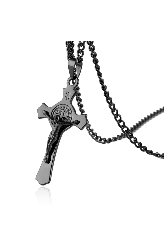 Stainless Steel Saint St St. Benedict Crucifix Cross Pendants Necklace INRI (Black)
