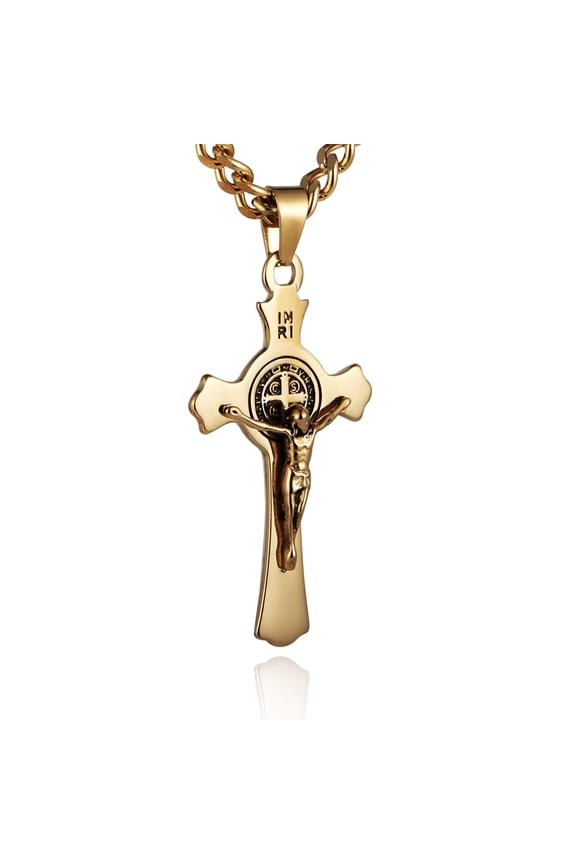 Stainless Steel Saint St St. Benedict Crucifix Cross Pendants Necklace INRI (Gold)