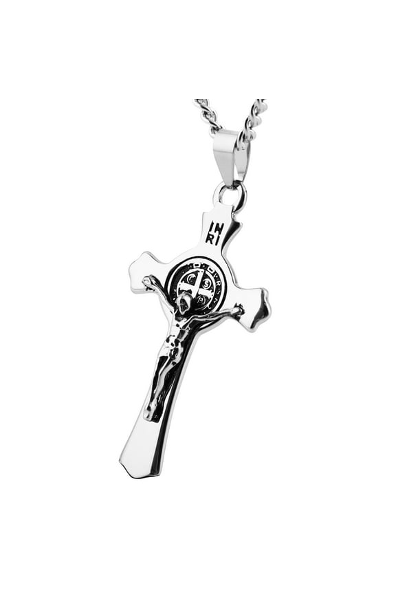 Stainless Steel Saint St St. Benedict Crucifix Cross Pendants Necklace INRI (Silver)