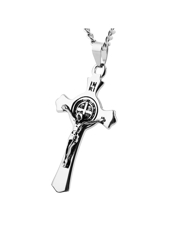 Stainless Steel Saint St St. Benedict Crucifix Cross Pendants Necklace INRI (Silver)