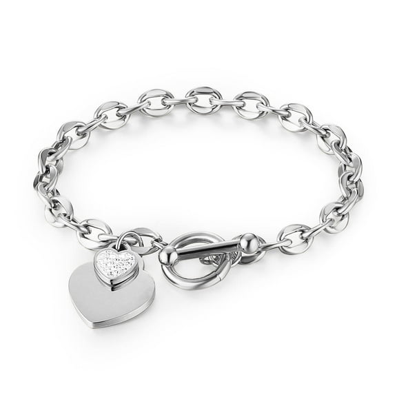 HZMAN Stainless Steel Zircon Love Heart Bracelet for Women Romantic Gift Toggle Clasp Link Bracelets (Silver)