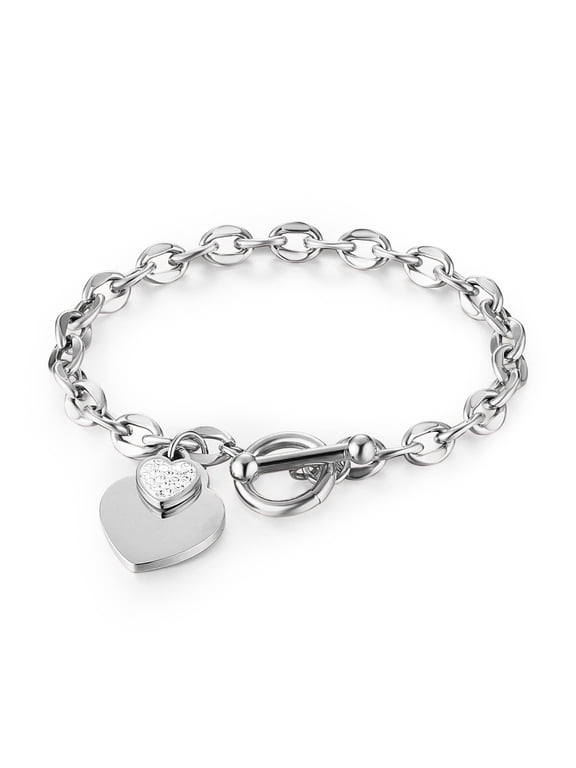 Stainless Steel Zircon Love Heart Bracelet for Women Romantic Gift Toggle Clasp Link Bracelets (Silver)