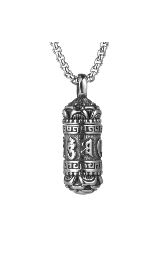 Tibetan Buddhism Meditation Stainless Steel Pendant Commemorative Cremation Ashes Pill Cylinder Container Necklace 22+2 Inch Chain (cylindrical)