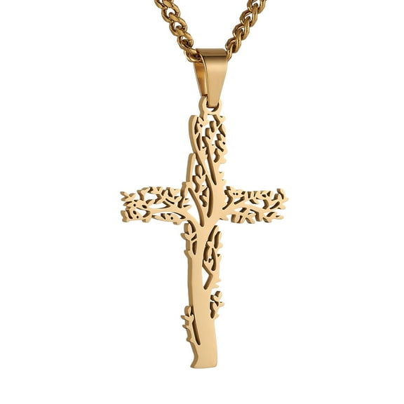 HZMAN Tree Shape Cross Necklace for Men Women Stainless Steel High Polished Gold Tree of Life Cross Necklace Pendant Jewelry Gift