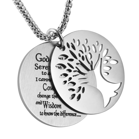 HZMAN Two Piece Serenity Prayer Stainless Steel Pendant Necklace With Tree Of Life Cut Out (Round Silver)
