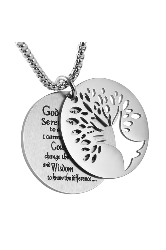 Two Piece Serenity Prayer Stainless Steel Pendant Necklace With Tree Of Life Cut Out (Round Silver)