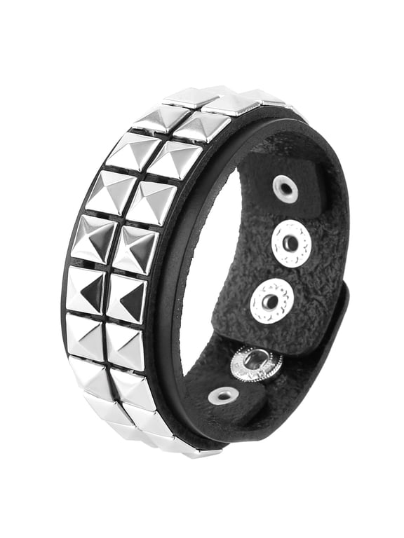 Unisex Black Genuine Leather Silver Pyramid Studs Wristband 80s Gothic Punk Glam (2 Rows)