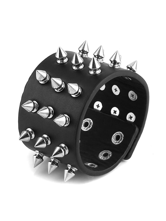 Unisex Black Metal Spike Studded Punk Rock Biker Wide Strap Leather Bracelet (5cm Wide - Spike Black)
