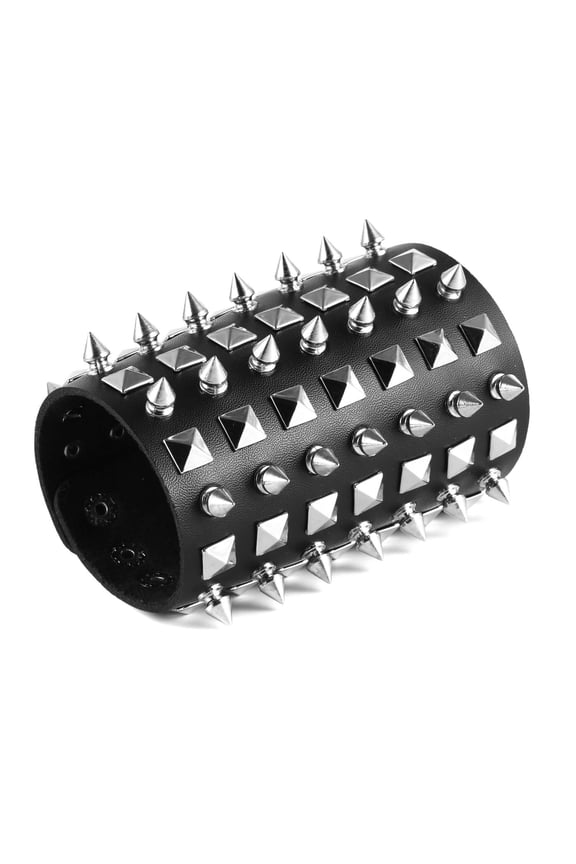 Unisex Black Metal Spike Studded Punk Rock Biker Wide Strap Leather Bracelet (Pyramid Studs)
