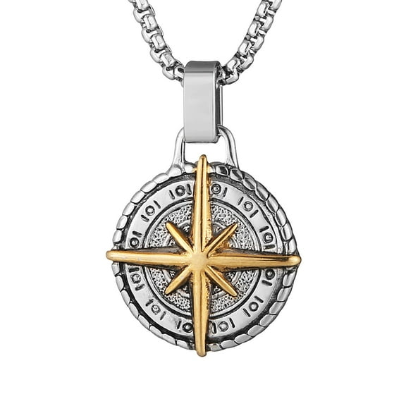 HZMAN Viking Nautical Compass Necklace for Men Stainless Steel Vintage Sailor Amulet Pendant Jewelry Gift with 24 Inch Chain (Silver & Gold)