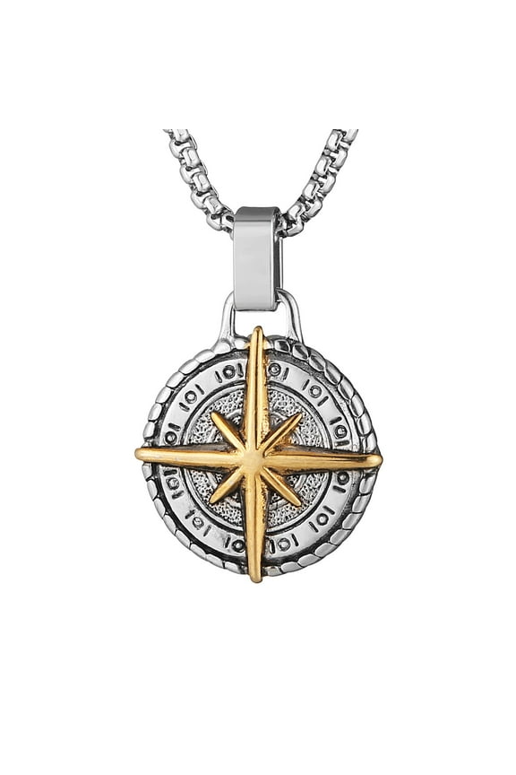 Viking Nautical Compass Necklace for Men Stainless Steel Vintage Sailor Amulet Pendant Jewelry Gift with 24 Inch Chain (Silver & Gold)