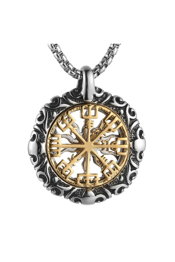 Viking Vegvisir Norse Compass Stainless Steel Necklace Double-Sided Hollow Engraving Sun Totem Pendant Norse Amulet Jewelry
