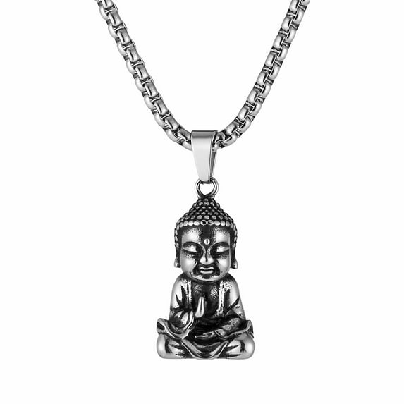 HZMAN Vintage Stainless Steel Tibetan Amitabha Buddha Pendant Mala Prayer Buddhist Necklace Lucky Amulet （Silver）