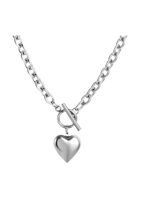 Women Stainless Steel Heart Pendant Chunky Cuban Chain Link Toggle Clasp Necklace