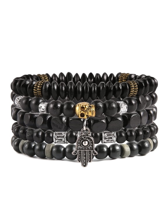 Wrap Bracelets Men Women, Hemp Cords Wood Beads Ethnic Tribal Bracelets, Leather Wristbands (Hand of Fatima)