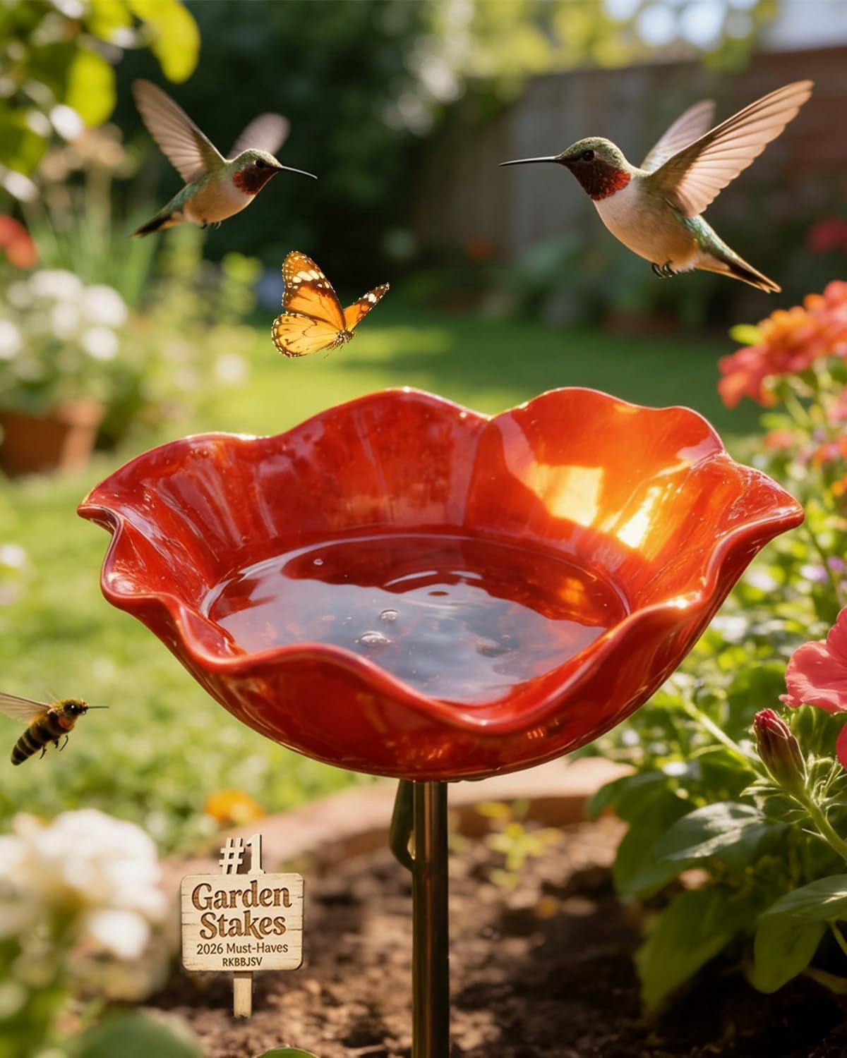 HZMSYQ 24 Inch Handmade Metal Flower Garden Stakes,Bird Bath Watering Station, Bee Bath Bowl Outdoor Yard Art for Butterfly Pollinator, Weather Resistant Garden Decor Gift