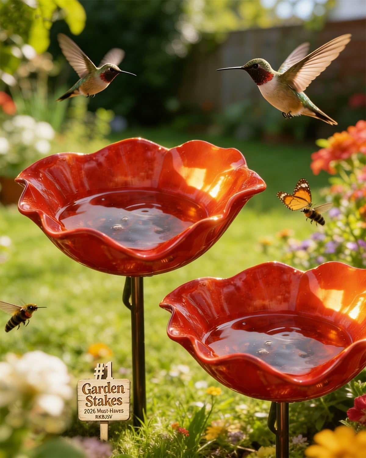 HZMSYQ 24 Inch Handmade Metal Flower Garden Stakes,Bird Bath Watering Station, Bee Bath Bowl Outdoor Yard Art for Butterfly Pollinator, Weather Resistant Garden Decor Gift