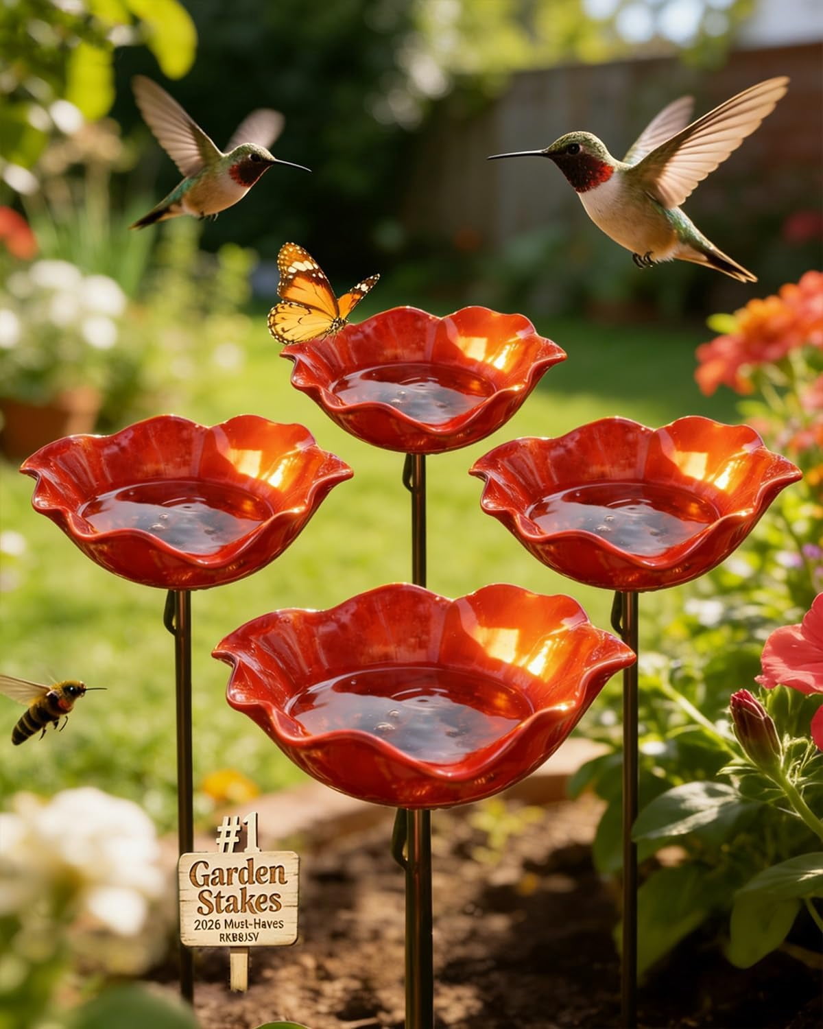 HZMSYQ 24 Inch Handmade Metal Flower Garden Stakes,Bird Bath Watering Station, Bee Bath Bowl Outdoor Yard Art for Butterfly Pollinator, Weather Resistant Garden Decor Gift