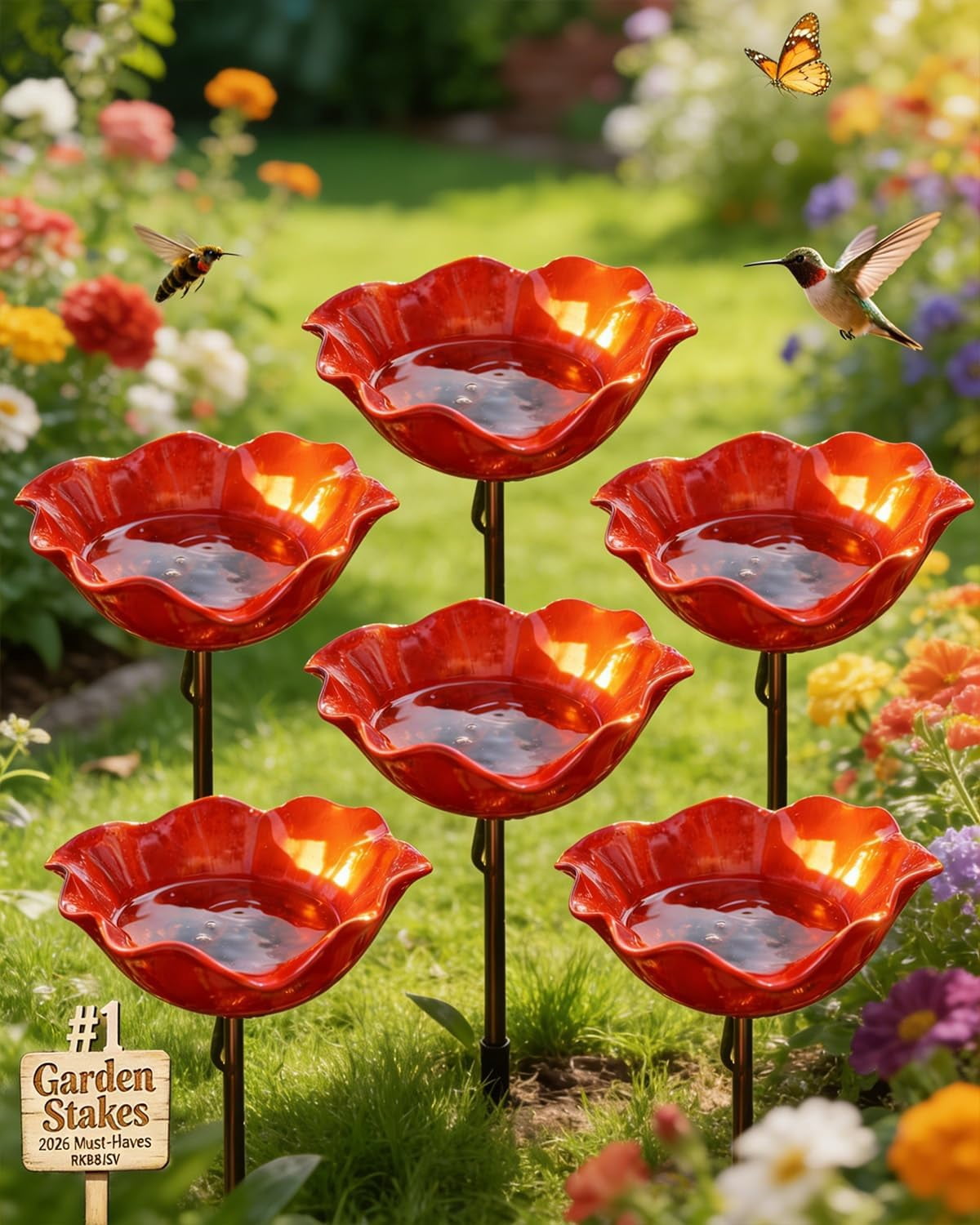 HZMSYQ 24 Inch Handmade Metal Flower Garden Stakes,Bird Bath Watering Station, Bee Bath Bowl Outdoor Yard Art for Butterfly Pollinator, Weather Resistant Garden Decor Gift