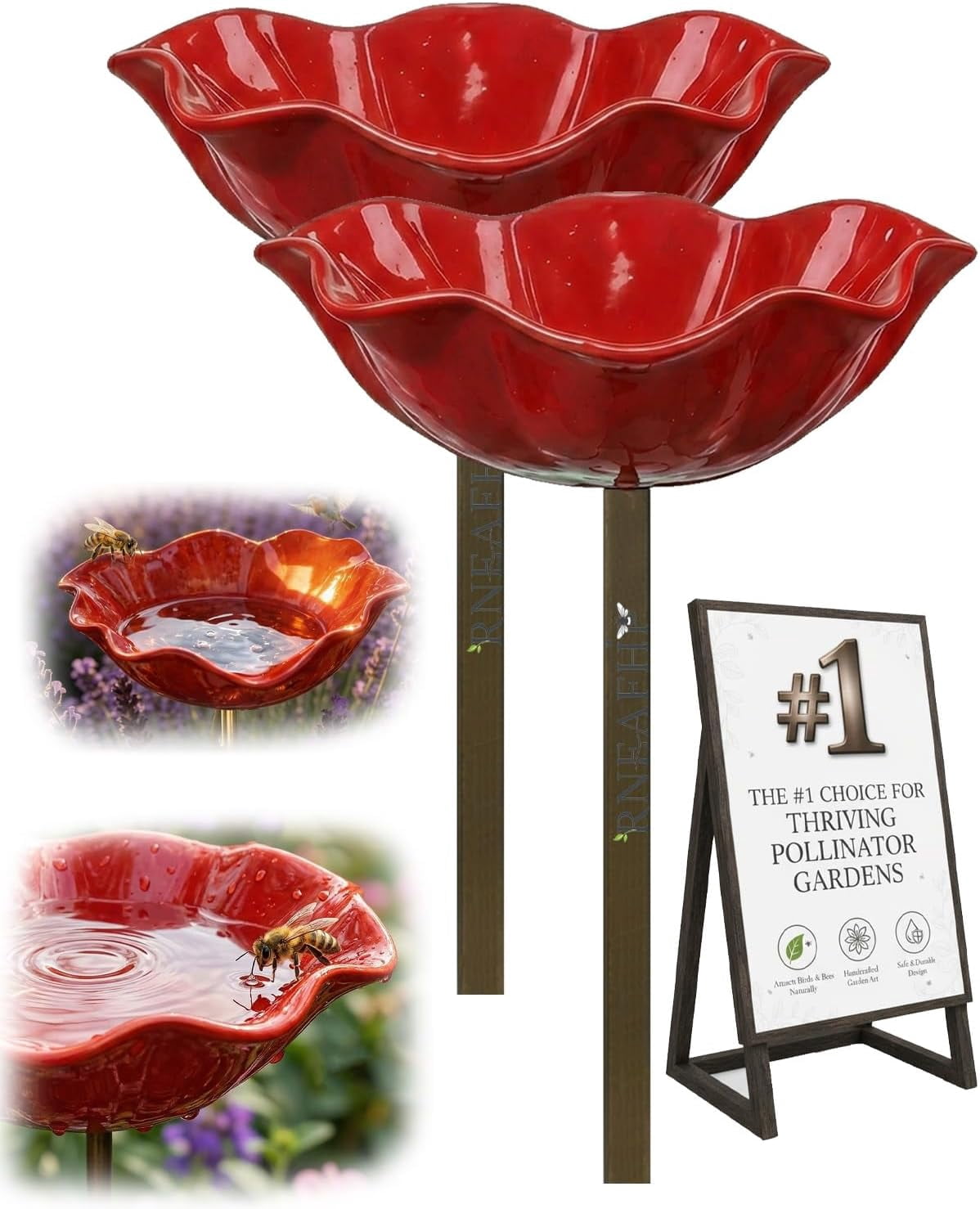 HZMSYQ 2PC Handmade Metal Flower Garden Stakes,Bird Bath Bee Watering Station for Garden Outside Birdbaths Bowl,Outdoors Yard Art Hummingbird Fountain Decorative,Weather Resistant Garden Decor Gift