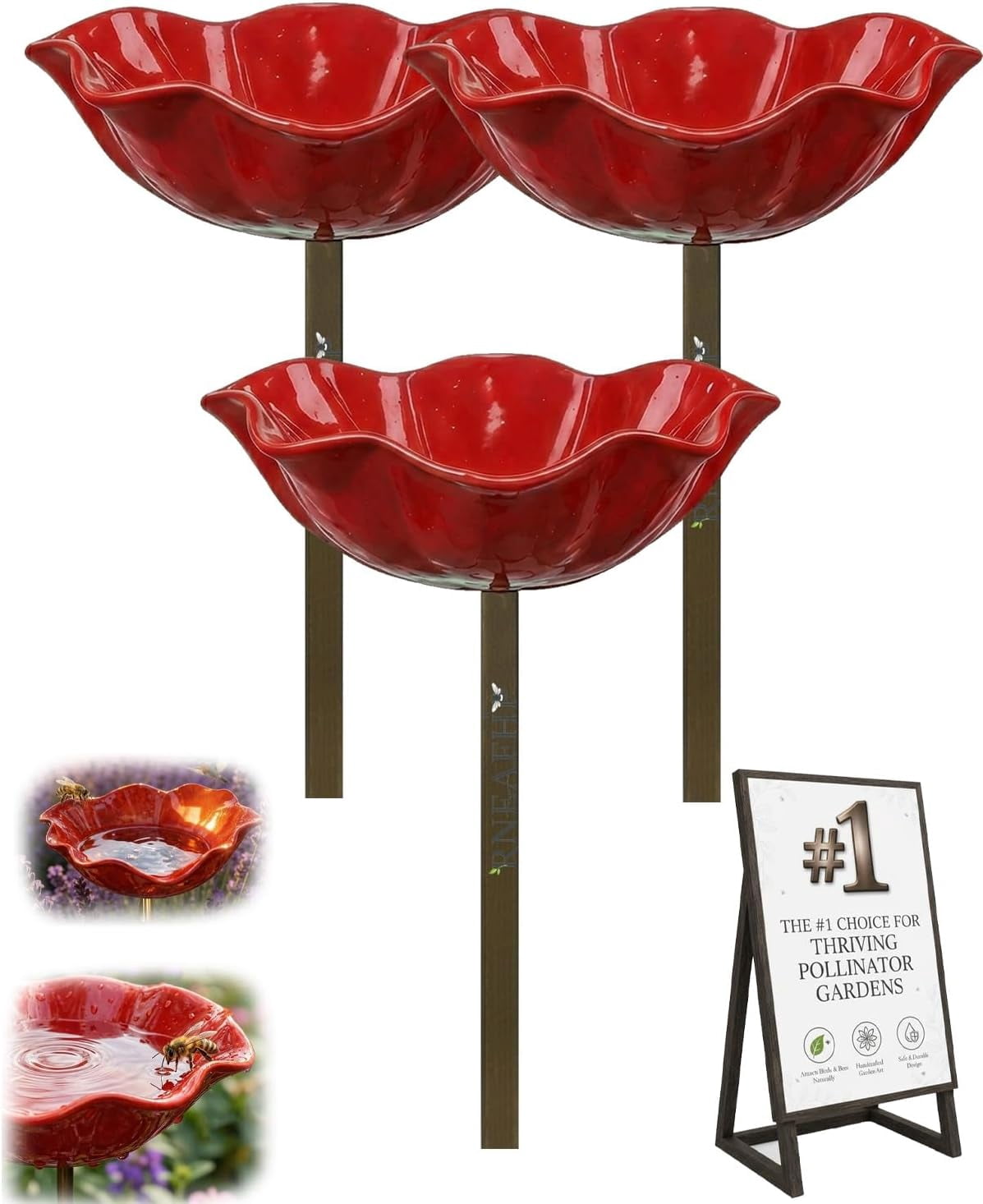 HZMSYQ 3PC Handmade Metal Flower Garden Stakes,Bird Bath Bee Watering Station for Garden Outside Birdbaths Bowl,Outdoors Yard Art Hummingbird Fountain Decorative,Weather Resistant Garden Decor Gift