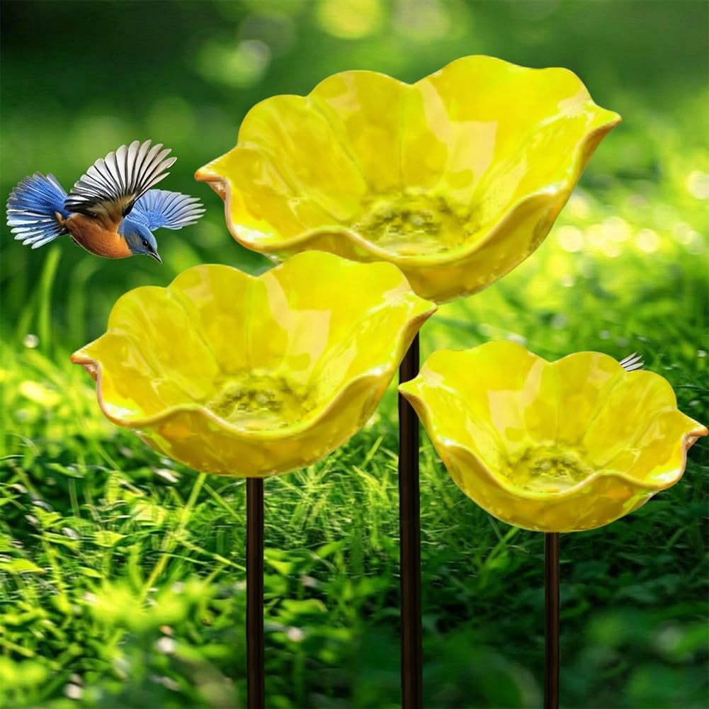 HZMSYQ 3PC Metal Flower Garden Stakes,Bird Bath Watering Station, Bee Bath Bowl ,Outdoor Watering Station,Bird Watering Flower Stake for Garden Yard Decor