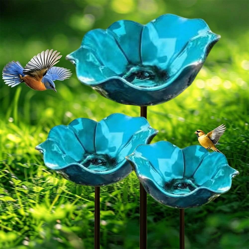 HZMSYQ 3PC Metal Flower Garden Stakes,Bird Bath Watering Station, Bee Bath Bowl ,Outdoor Watering Station,Bird Watering Flower Stake for Garden Yard Decor