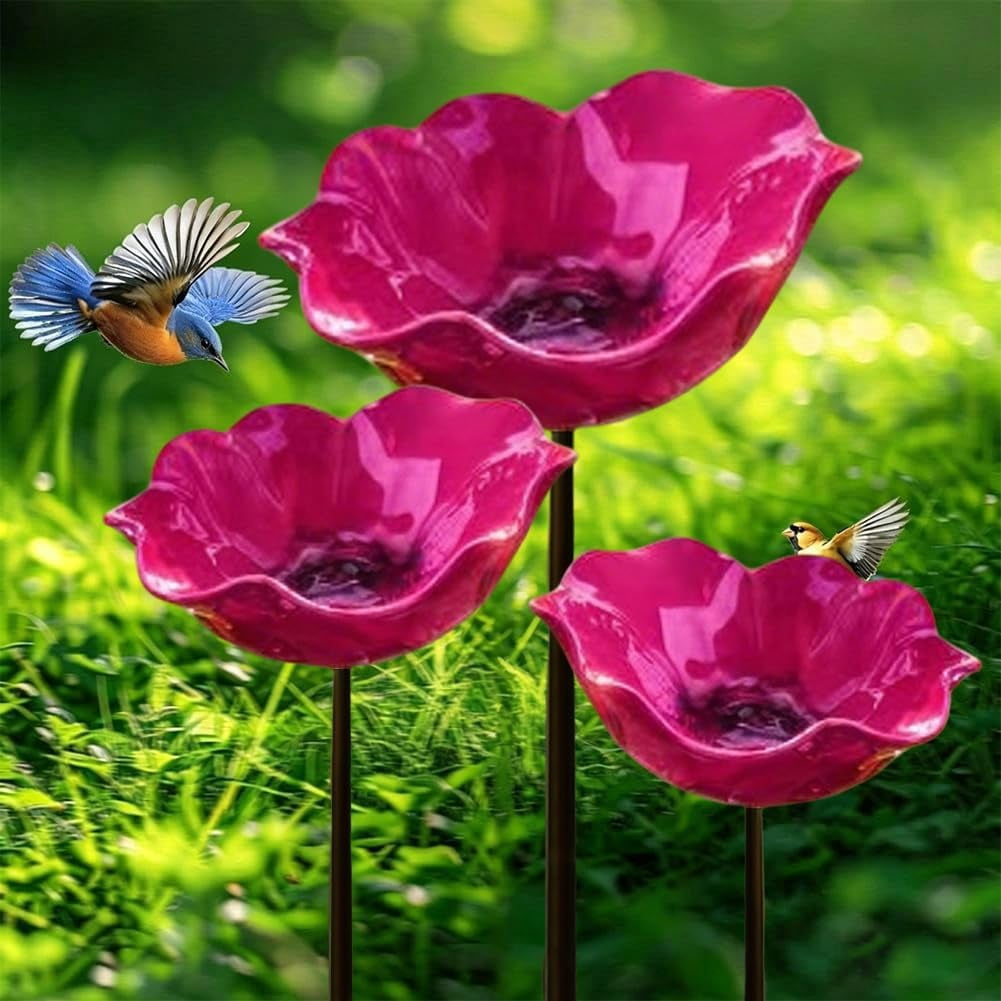 HZMSYQ 3PC Metal Flower Garden Stakes,Bird Bath Watering Station, Bee Bath Bowl ,Outdoor Watering Station,Bird Watering Flower Stake for Garden Yard Decor