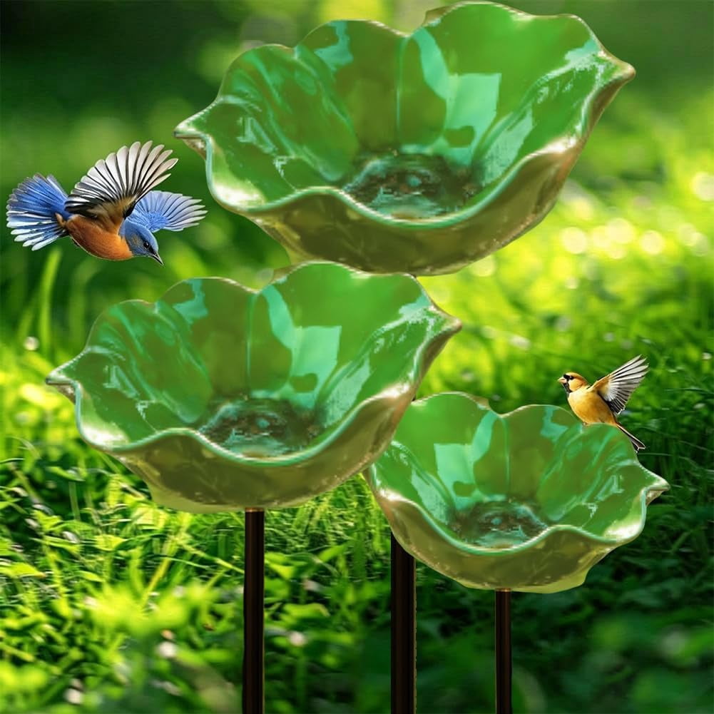 HZMSYQ 3PC Metal Flower Garden Stakes,Bird Bath Watering Station, Bee Bath Bowl ,Outdoor Watering Station,Bird Watering Flower Stake for Garden Yard Decor