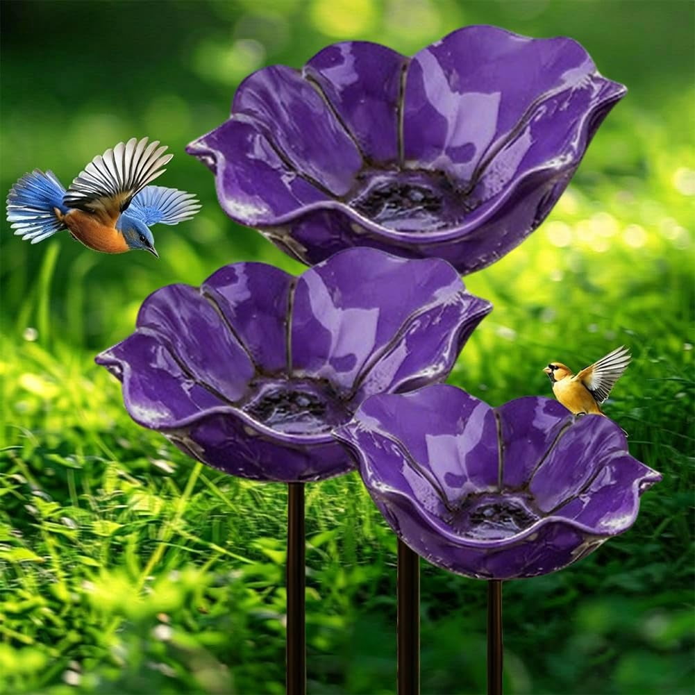 HZMSYQ 3PC Metal Flower Garden Stakes,Bird Bath Watering Station, Bee Bath Bowl ,Outdoor Watering Station,Bird Watering Flower Stake for Garden Yard Decor