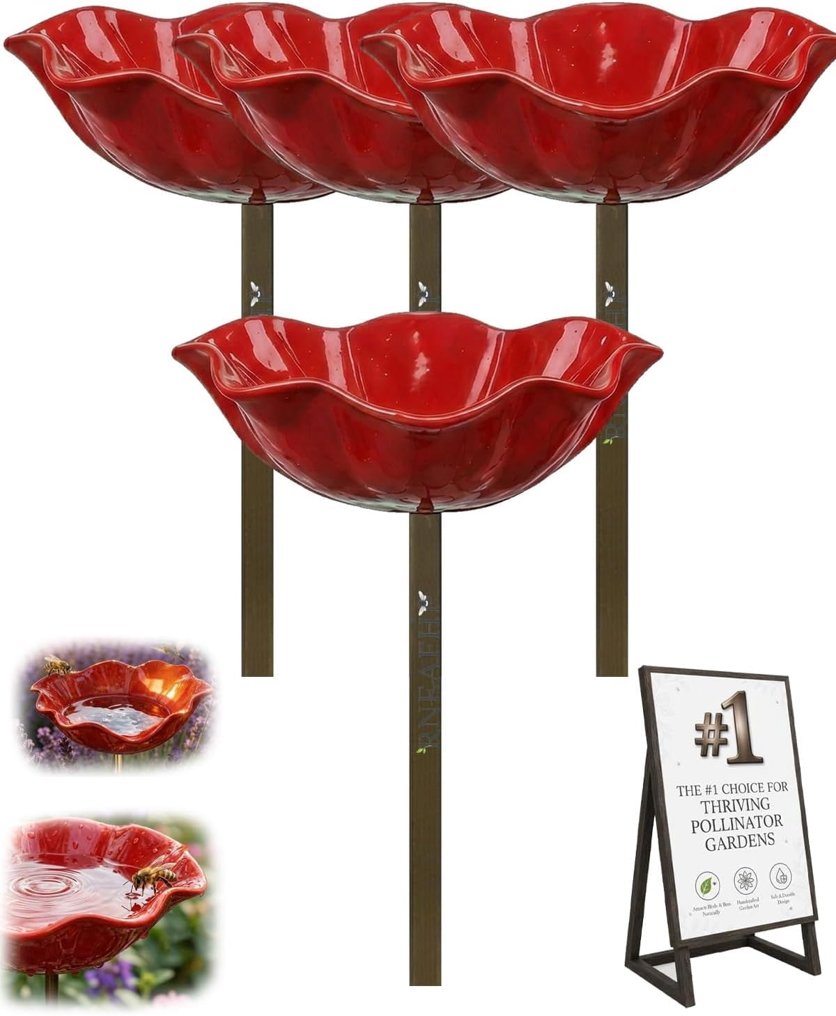 HZMSYQ 4PC Handmade Metal Flower Garden Stakes,Bird Bath Bee Watering Station for Garden Outside Birdbaths Bowl,Outdoors Yard Art Hummingbird Fountain Decorative,Weather Resistant Garden Decor Gift