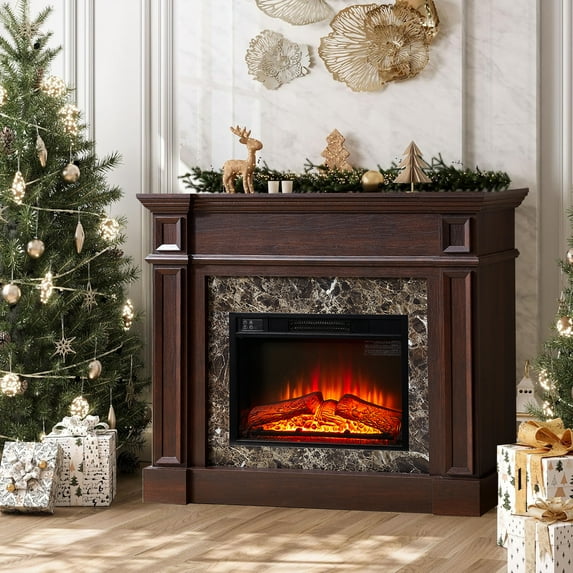 HZWDD 45" Electric Fireplace with Mantel, Fireplace Heater Freestanding, Realistic Stacked Stone Surround with Remote Control Timer LED Flame