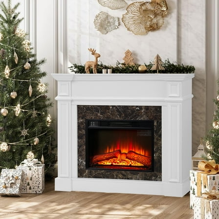 HZWDD 45" Electric Fireplace with Mantel, Fireplace Heater Freestanding, Realistic Stacked Stone Surround with Remote Control Timer LED Flame