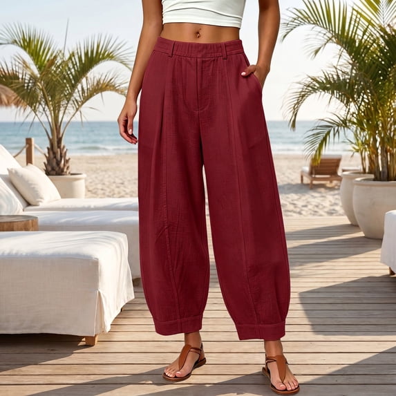 HZYUZP Linen Barrel Pants Women Cotton High Waisted Balloon Pants Summer Casual Wide Leg Baggy Trousers