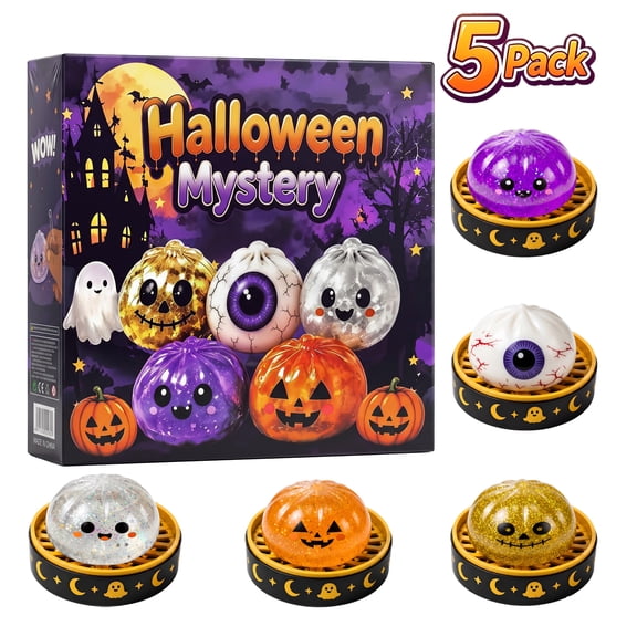 CQHVKQ 5 Pack 2" Mini Dumpling Squishy Mystery Box, Halloween Mystery Squishy Dumpling, Glitter Stress Relief Squeeze Balls with Steamer Box, Mystery Surprise Fidget Halloween Toys for Kids