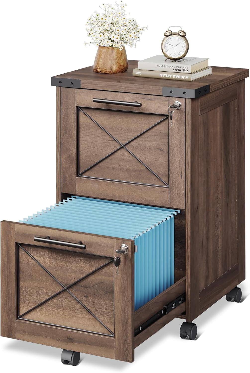 HZshop 2 Drawer File Cabinet with Hanging Files, Mobile Rolling Storage Cabinet for Home Office, Under Desk Filing Cabinet with Lock, Printer Stand, Dark Brown