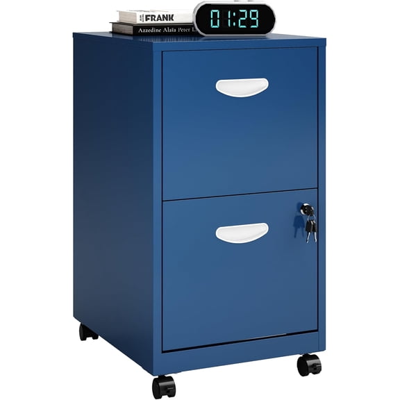 HZshop 2 Drawer File Cabinet with Lock, Small Rolling Filing Cabinet for Home Office, Metal Mobile File Cabinets on Wheels, Blue Office Cabinets for Letter Size Folders - Assembly Required