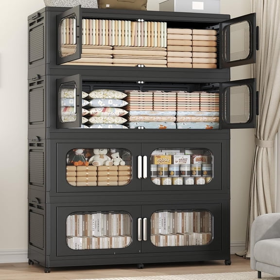 HZshop 200Gal Stackable Storage Bins w/ Lid, Wheels & Doors, 4-Tier 200QT Collapsible Closet Organizers for Home, Black