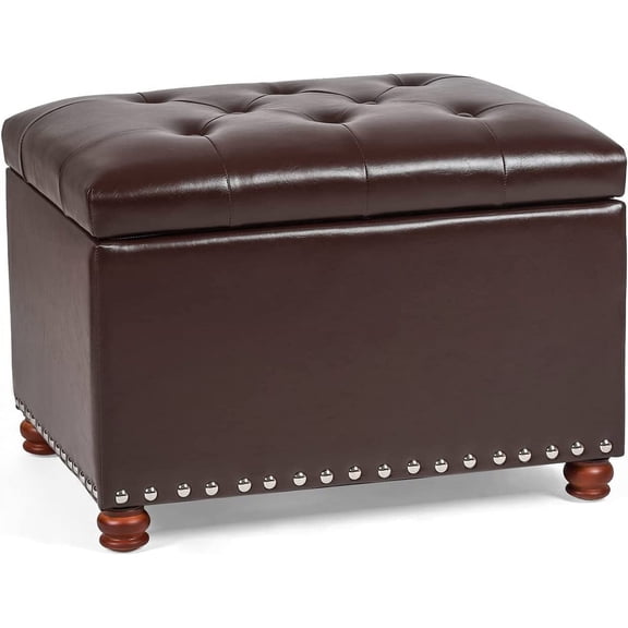 HZshop 24" Dark Brown Leather Storage Ottoman Bench, Button Tufted Foot Rest Stool with Nailhead Trim, Easy Assembly