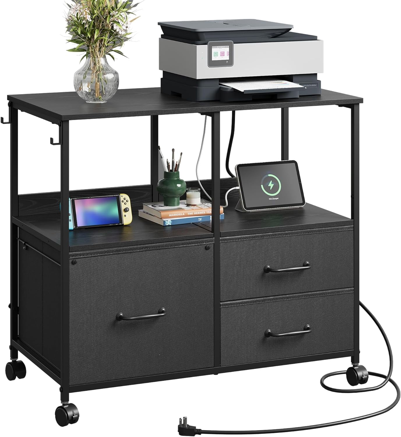 HZshop 3 Drawer File Cabinet with Charging Station, Rolling Printer Stand for Office Storage, Mobile Filing Cabinet fits Under Desk Storage, Black