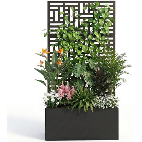 HZshop 44" H Metal Raised Garden Bed with Trellis, Outdoor Planter Box for Climbing Vegetables, Fruits and Flowers, Privacy Screen, for Backyard, Patio, Balcony, Black (Rectangle)