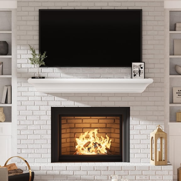 HZshop 60" Floating Fireplace Mantel Shelf - White Wood with Invisible Heavy Duty Bracket for Wall, 60x8x6"