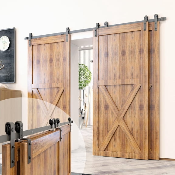 HZshop 9ft Black Rustic Single Track Bypass Sliding Barn Door Hardware Kit for 3 Doors, Classic Design Roller (2 Flat+1 Bent)